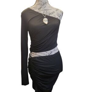 NEW Black One Shoulder Ruched Chain Detail Mini Dress